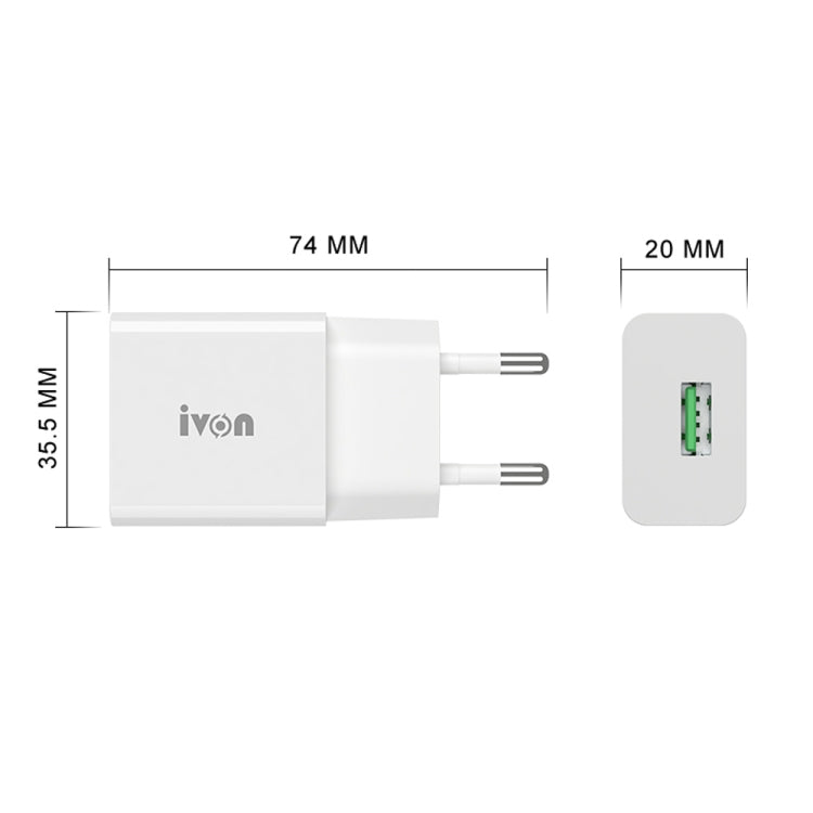 شاحن سفر IVON AD-35 2 في 1 بمنفذ USB 18 واط QC3.0 + مجموعة كابل بيانات USB إلى 8 سنون بطول 1 متر، قابس الاتحاد الأوروبي، قابس الولايات المتحدة