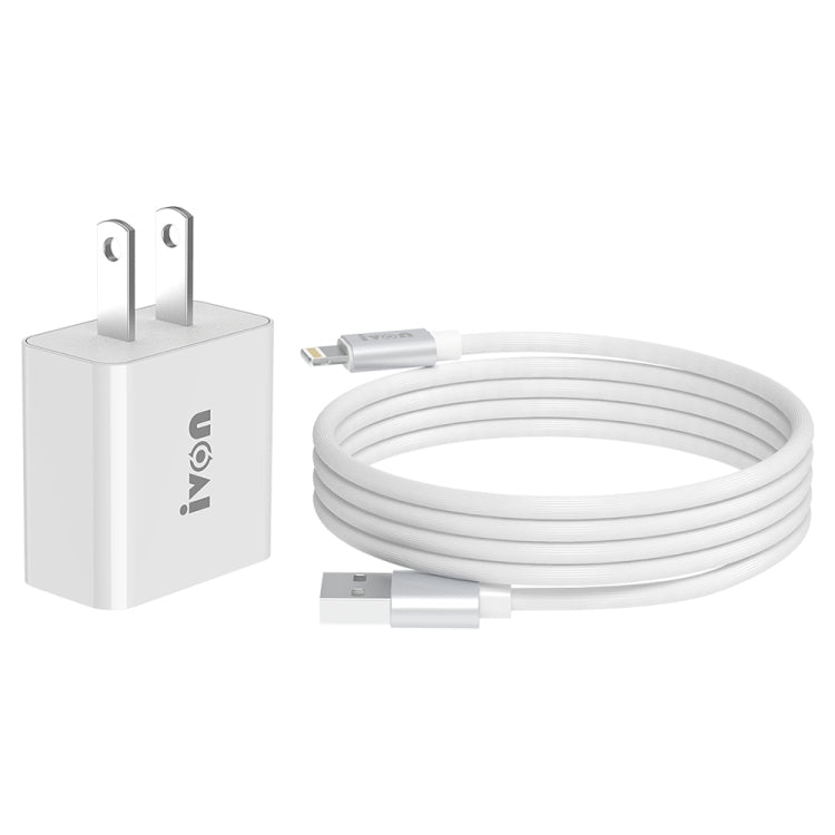 شاحن سفر IVON AD-35 2 في 1 بمنفذ USB 18 واط QC3.0 + مجموعة كابل بيانات USB إلى 8 سنون بطول 1 متر، قابس الاتحاد الأوروبي، قابس الولايات المتحدة