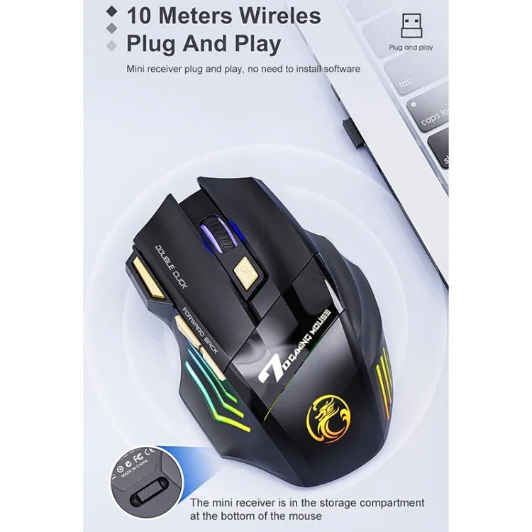 iMICE GW-X7 2.4G + Bluetooth Dual Mode 7-button Silent Rechargeable Wireless Gaming Mouse with Colorful RGB Lights, GW-X7 2.4G + Bluetooth