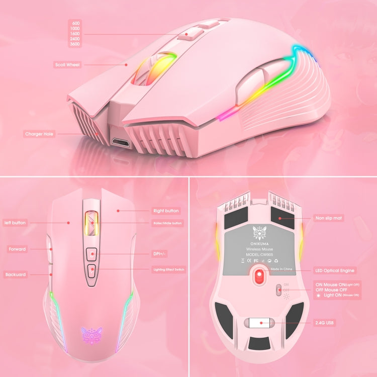 فأرة لاسلكية ONIKUMA CW905 2.4G مع إضاءة RGB، فأرة CW905 لاسلكية (أسود)، فأرة CW905 لاسلكية (وردي)، فأرة CW905 لاسلكية (رمادي أبيض)