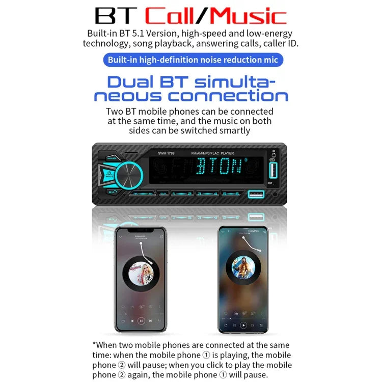 جهاز راديو سيارة SWM-1789 مع بلوتوث 5.1 ومشغل MP3 وجهاز تحكم عن بعد، SWM-1789