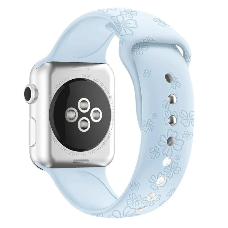 سوار ساعة من السيليكون بنقش ورقة البرسيم ذات الأربع أوراق لسلسلة Apple Watch، 7 45مم / 6&SE&5&4 44مم / 3&2&1 42مم، 7 41مم / 6&SE&5&4 40مم / 3&2&1 38مم