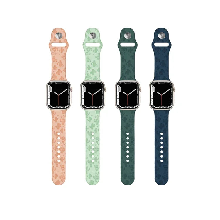 سوار ساعة من السيليكون بنقش الصبار لسلسلة Apple Watch، 7 41مم / 6&SE&5&4 40مم / 3&2&1 38مم، 7 45مم / 6&SE&5&4 44مم / 3&2&1 42مم