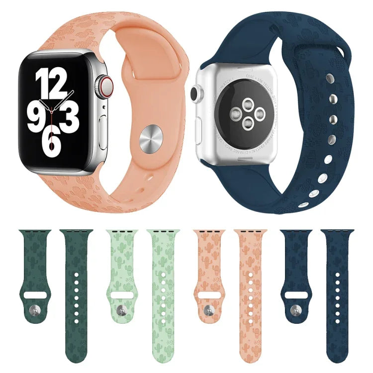 سوار ساعة من السيليكون بنقش الصبار لسلسلة Apple Watch، 7 41مم / 6&SE&5&4 40مم / 3&2&1 38مم، 7 45مم / 6&SE&5&4 44مم / 3&2&1 42مم