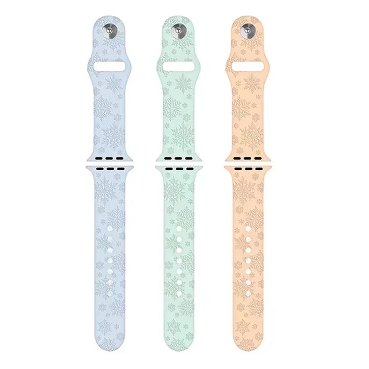 سوار ساعة من السيليكون بنقش ندفة الثلج لسلسلة Apple Watch، 7 41مم / 6&SE&5&4 40مم / 3&2&1 38مم، 7 45مم / 6&SE&5&4 44مم / 3&2&1 42مم