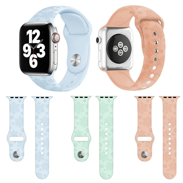 سوار ساعة من السيليكون بنقش ندفة الثلج لسلسلة Apple Watch، 7 41مم / 6&SE&5&4 40مم / 3&2&1 38مم، 7 45مم / 6&SE&5&4 44مم / 3&2&1 42مم