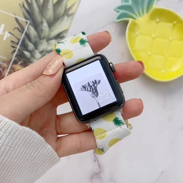 سوار ساعة شبكي من القماش المطاطي بنقشة فواكه لسلسلة Apple Watch، 7 41مم / 6&SE&5&4 40مم / 3&2&1 38مم، 7 45مم / 6&SE&5&4 44مم / 3&2&1 42مم