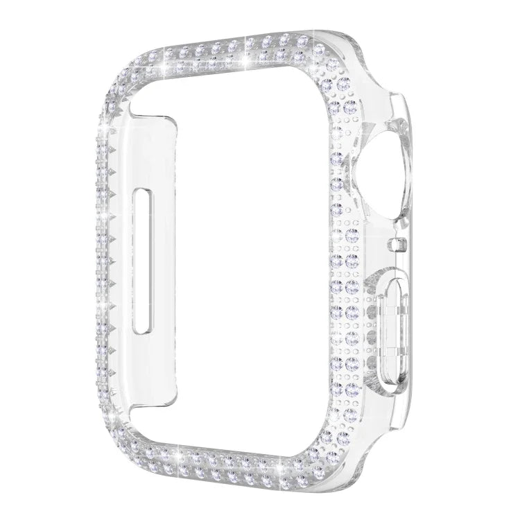 غطاء ساعة من البلاستيك المقوى مزين بألماس مزدوج الصف لسلسلة Apple Watch، 7 41مم، 7 45مم