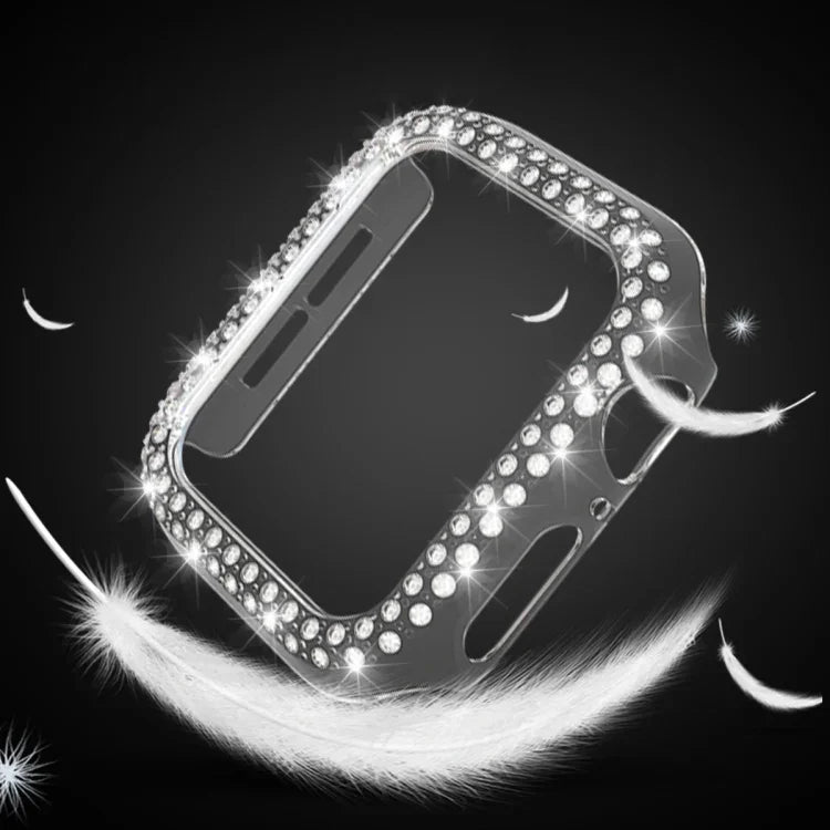 غطاء ساعة من البلاستيك المقوى مزين بألماس مزدوج الصف لسلسلة Apple Watch، 7 41مم، 7 45مم