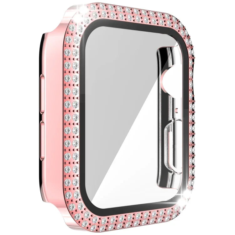 غطاء ساعة مزدوج الصف من PC الماسي + زجاج مقسى لسلسلة Apple Watch 6 و SE و 5 و 4 40 مم، 6 و SE و 5 و 4 44 مم، 6 و SE و 5 و 4 40 مم / 3 و 2 و 1 38 مم