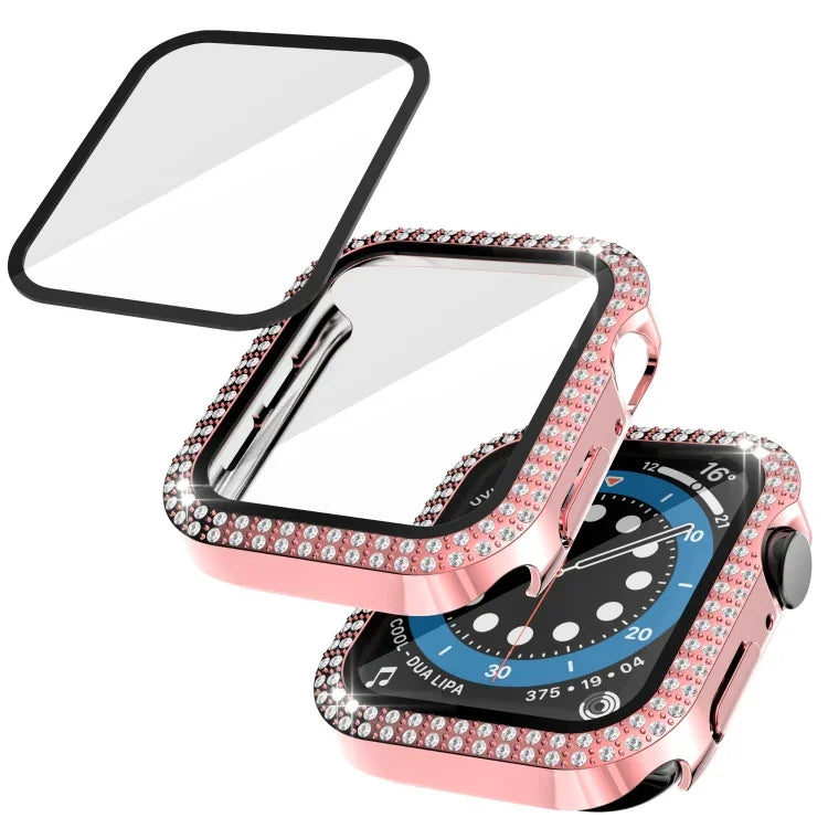 غطاء ساعة مزدوج الصف من PC الماسي + زجاج مقسى لسلسلة Apple Watch 6 و SE و 5 و 4 40 مم، 6 و SE و 5 و 4 44 مم، 6 و SE و 5 و 4 40 مم / 3 و 2 و 1 38 مم