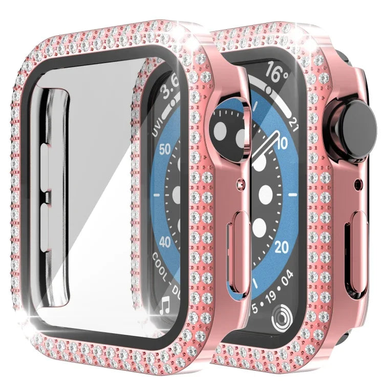 غطاء ساعة مزدوج الصف من PC الماسي + زجاج مقسى لسلسلة Apple Watch 6 و SE و 5 و 4 40 مم، 6 و SE و 5 و 4 44 مم، 6 و SE و 5 و 4 40 مم / 3 و 2 و 1 38 مم