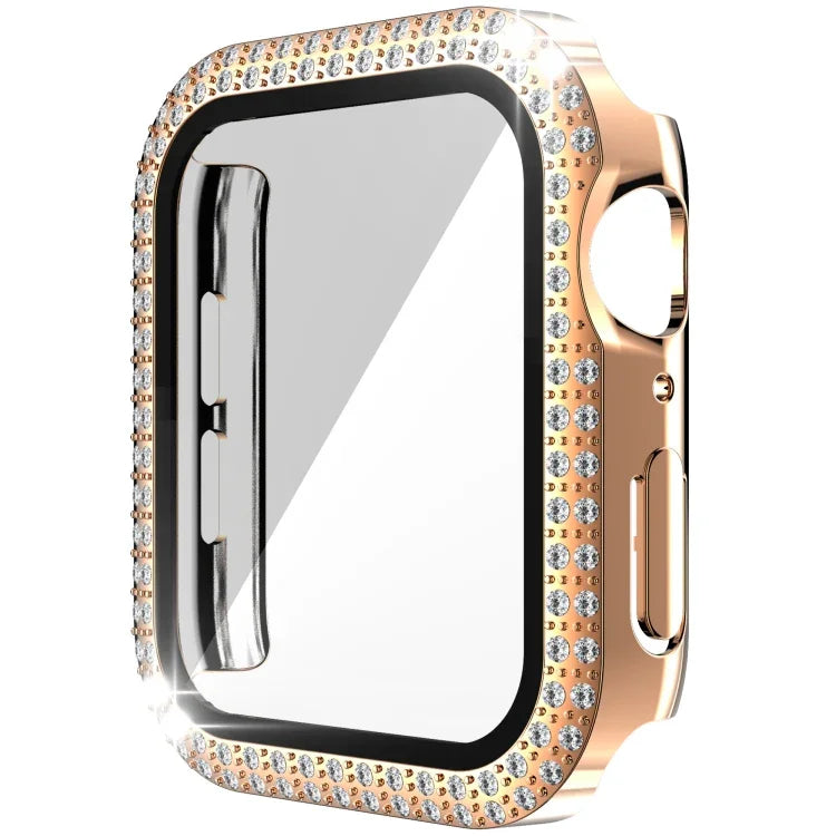 غطاء ساعة مزدوج الصف من PC الماسي + زجاج مقسى لسلسلة Apple Watch 6 و SE و 5 و 4 40 مم، 6 و SE و 5 و 4 44 مم، 6 و SE و 5 و 4 40 مم / 3 و 2 و 1 38 مم