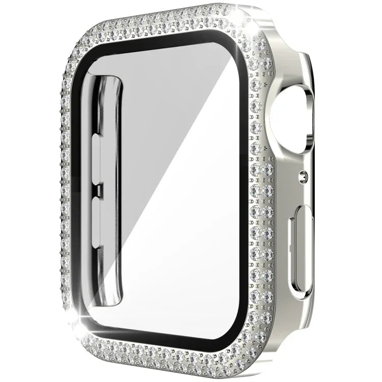 غطاء ساعة مزدوج الصف من PC الماسي + زجاج مقسى لسلسلة Apple Watch 6 و SE و 5 و 4 40 مم، 6 و SE و 5 و 4 44 مم، 6 و SE و 5 و 4 40 مم / 3 و 2 و 1 38 مم