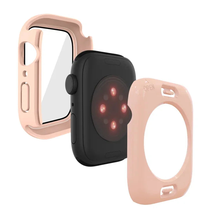 غطاء ساعة مقاوم للماء من PC + زجاج مقسى مع غطاء سفلي لسلسلة Apple Watch 9 / 8 / 7 45مم، 9 / 8 / 7 41مم، 9 / 8 / 7 45مم