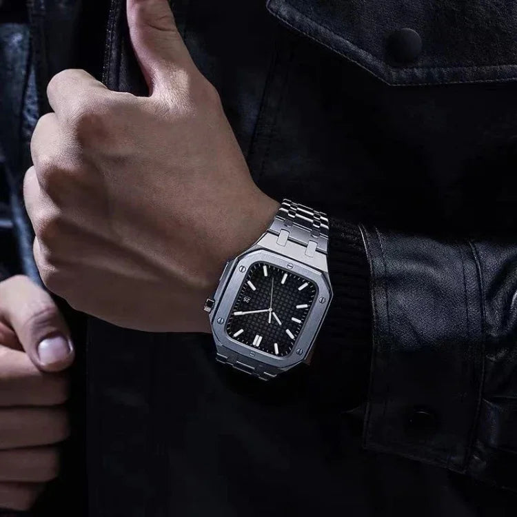 سوار ساعة معدني من خشب البلوط متكامل + غطاء ساعة لسلسلة Apple Watch 9 / 8 / 7 45مم، لسلسلة Apple Watch 9 / 8 / 7 45مم