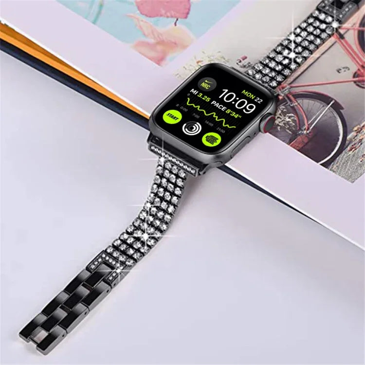سوار ساعة معدني مزين بأربعة صفوف من الألماس لسلسلة Apple Watch، 7 41مم / 6&SE&5&4 40مم / 3&2&1 38مم، 7 45مم / 6&SE&5&4 44مم / 3&2&1 42مم