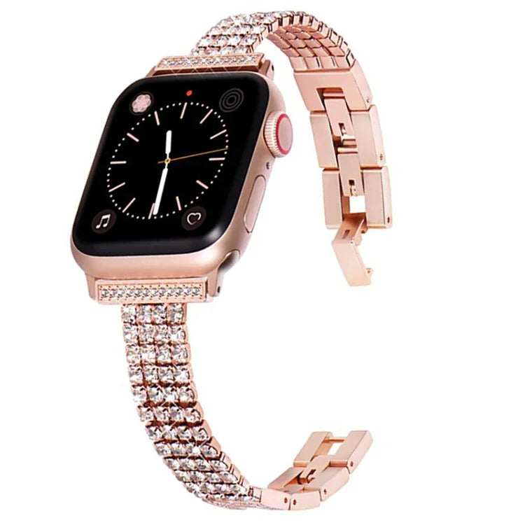 سوار ساعة معدني مزين بأربعة صفوف من الألماس لسلسلة Apple Watch، 7 41مم / 6&SE&5&4 40مم / 3&2&1 38مم، 7 45مم / 6&SE&5&4 44مم / 3&2&1 42مم