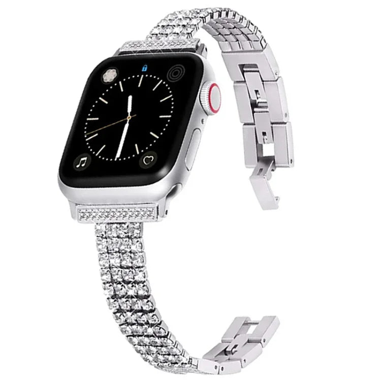 سوار ساعة معدني مزين بأربعة صفوف من الألماس لسلسلة Apple Watch، 7 41مم / 6&SE&5&4 40مم / 3&2&1 38مم، 7 45مم / 6&SE&5&4 44مم / 3&2&1 42مم