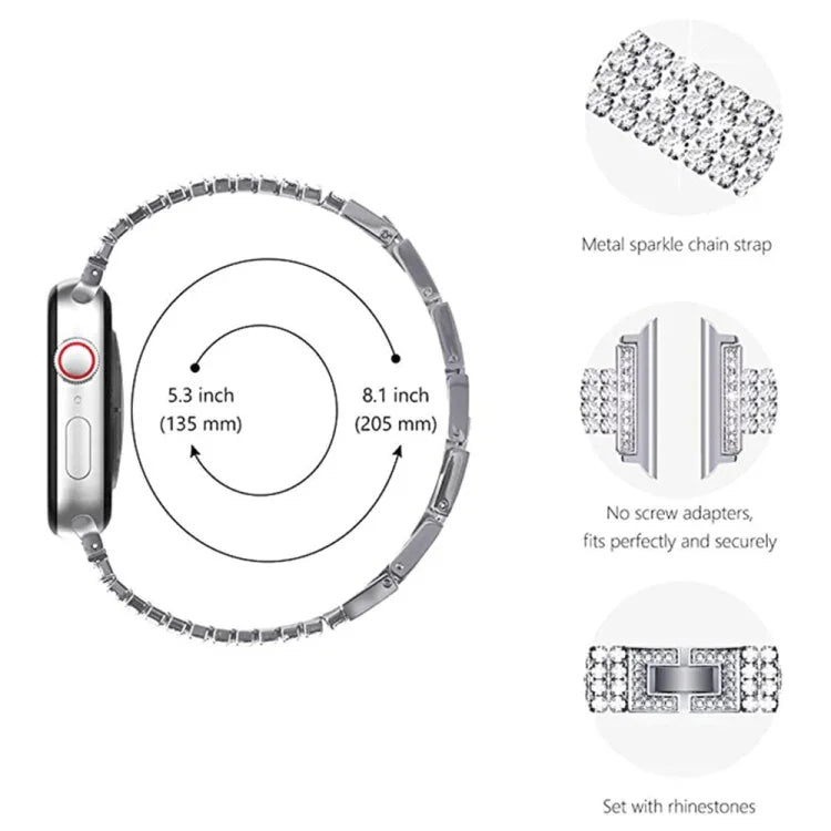 سوار ساعة معدني مزين بأربعة صفوف من الألماس لسلسلة Apple Watch، 7 41مم / 6&SE&5&4 40مم / 3&2&1 38مم، 7 45مم / 6&SE&5&4 44مم / 3&2&1 42مم
