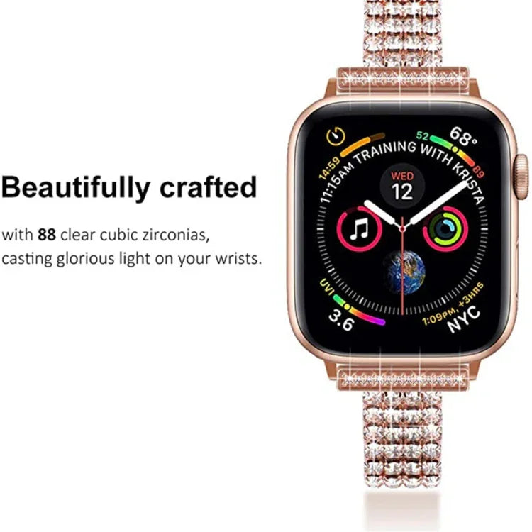 سوار ساعة معدني مزين بأربعة صفوف من الألماس لسلسلة Apple Watch، 7 41مم / 6&SE&5&4 40مم / 3&2&1 38مم، 7 45مم / 6&SE&5&4 44مم / 3&2&1 42مم