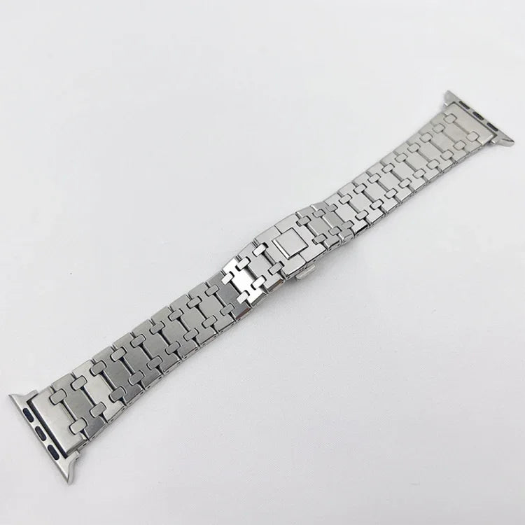 سوار ساعة معدني من خشب البلوط بثلاثة خيوط لسلسلة Apple Watch، 7 41مم / 6&SE&5&4 40مم / 3&2&1 38مم، 7 45مم / 6&SE&5&4 44مم / 3&2&1 42مم