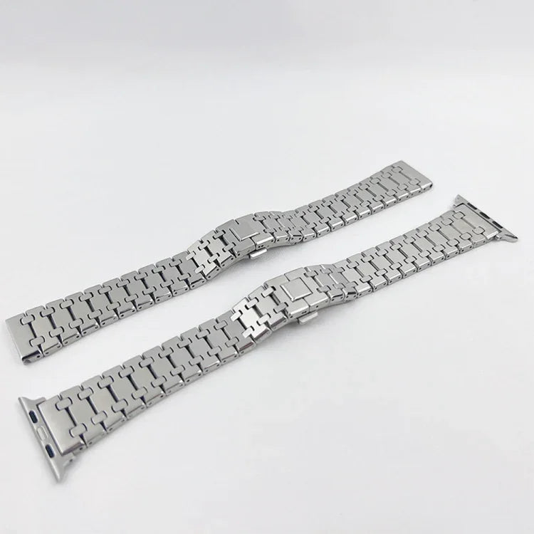 سوار ساعة معدني من خشب البلوط بثلاثة خيوط لسلسلة Apple Watch، 7 41مم / 6&SE&5&4 40مم / 3&2&1 38مم، 7 45مم / 6&SE&5&4 44مم / 3&2&1 42مم