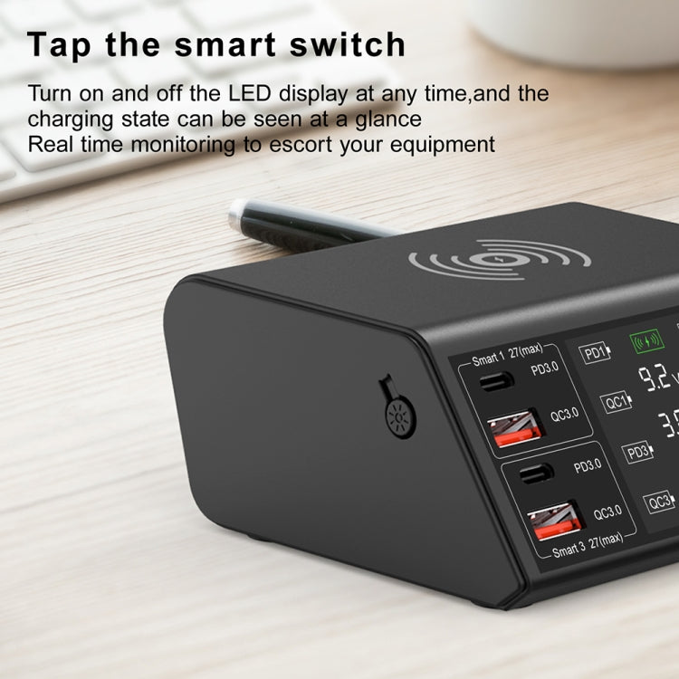 شاحن لاسلكي ذكي بشاشة رقمية 838w 9 في 1 بقوة 100W مع 4 منافذ PD 3.0 USB-C / Type-C + 4 منافذ QC 3.0 USB، قابس الاتحاد الأوروبي، قابس الولايات المتحدة، قابس المملكة المتحدة، قابس أستراليا