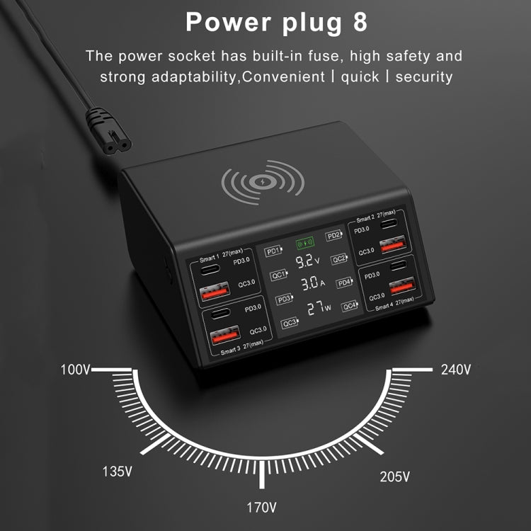 شاحن لاسلكي ذكي بشاشة رقمية 838w 9 في 1 بقوة 100W مع 4 منافذ PD 3.0 USB-C / Type-C + 4 منافذ QC 3.0 USB، قابس الاتحاد الأوروبي، قابس الولايات المتحدة، قابس المملكة المتحدة، قابس أستراليا