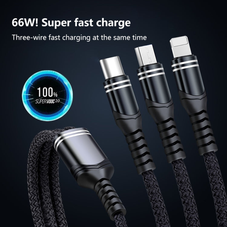 كابل بيانات مضفر 3 في 1 USB بقوة 6A 66W إلى 8 دبابيس + Micro USB + USB-C / Type-C للشحن السريع، USB إلى 8 دبابيس + Micro USB + Type-C