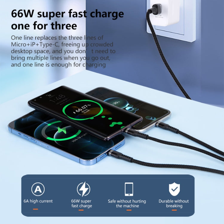 كابل بيانات مضفر 3 في 1 USB بقوة 6A 66W إلى 8 دبابيس + Micro USB + USB-C / Type-C للشحن السريع، USB إلى 8 دبابيس + Micro USB + Type-C