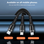 كابل بيانات مضفر 3 في 1 USB بقوة 6A 66W إلى 8 دبابيس + Micro USB + USB-C / Type-C للشحن السريع، USB إلى 8 دبابيس + Micro USB + Type-C