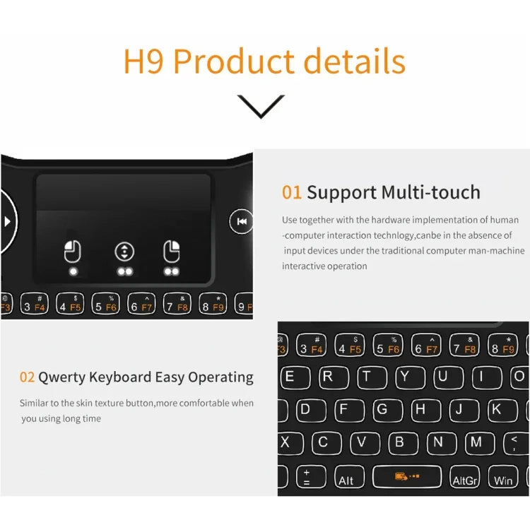 لوحة مفاتيح i9 2.4GHz لاسلكية صغيرة Air Mouse QWERTY مع إضاءة خلفية بيضاء ولوحة لمس للكمبيوتر والتلفاز، مع إضاءة خلفية بيضاء