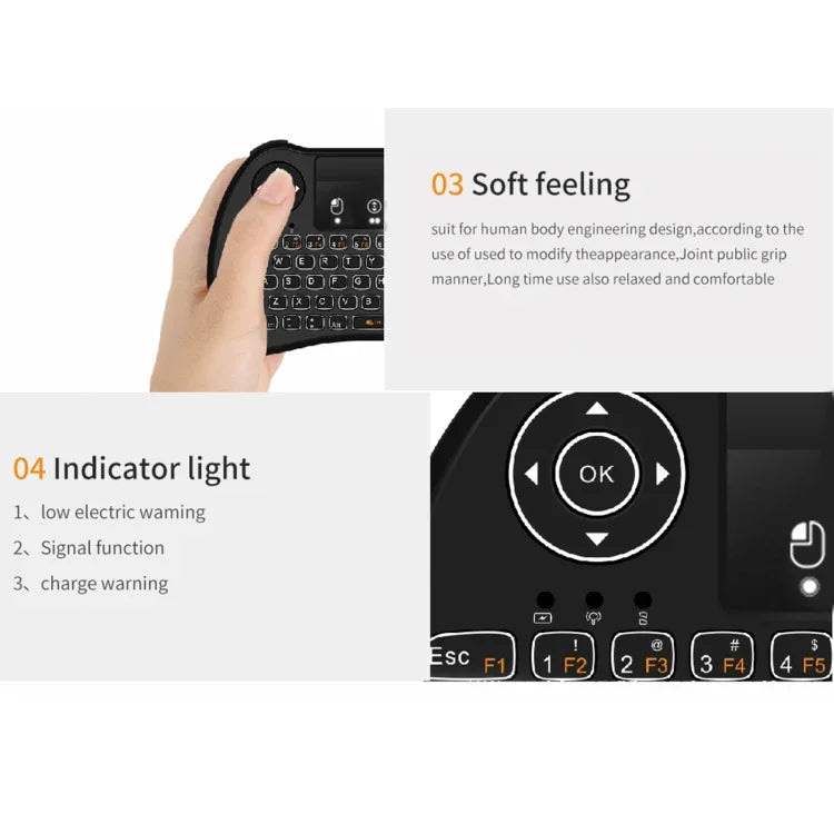 لوحة مفاتيح i9 2.4GHz لاسلكية صغيرة Air Mouse QWERTY مع إضاءة خلفية بيضاء ولوحة لمس للكمبيوتر والتلفاز، مع إضاءة خلفية بيضاء