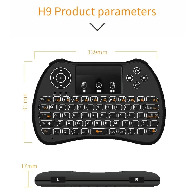 لوحة مفاتيح i9 2.4GHz لاسلكية صغيرة Air Mouse QWERTY مع إضاءة خلفية بيضاء ولوحة لمس للكمبيوتر والتلفاز، مع إضاءة خلفية بيضاء