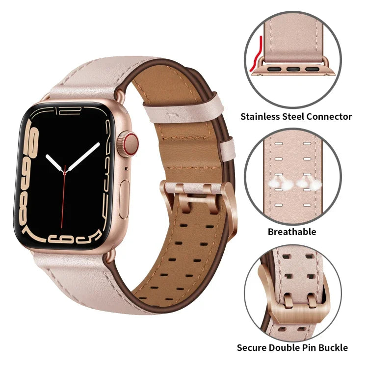 سوار ساعة من الجلد مع إبزيم مزدوج لسلسلة Apple Watch، 7 مقاس 41مم / 6&SE&5&4 مقاس 40مم / 3&2&1 مقاس 38مم، 7 مقاس 45مم / 6&SE&5&4 مقاس 44مم / 3&2&1 مقاس 42مم