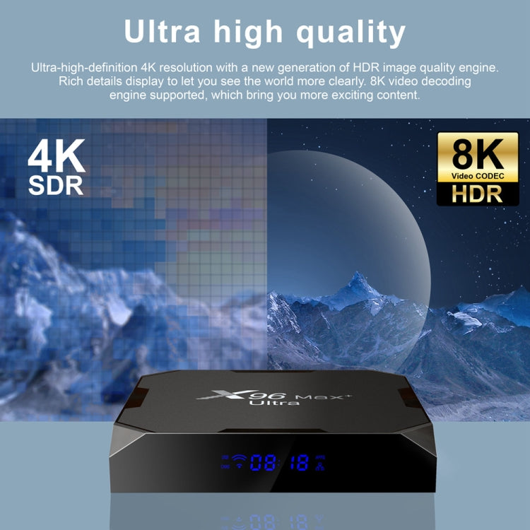 جهاز تلفاز ذكي H96 Max+ Ultra بمعالج Amlogic S905X4، 4 جيجابايت + 64 جيجابايت، بدقة 8K، أندرويد 11.0، قابس أستراليا، قابس الاتحاد الأوروبي، قابس الولايات المتحدة، قابس المملكة المتحدة
