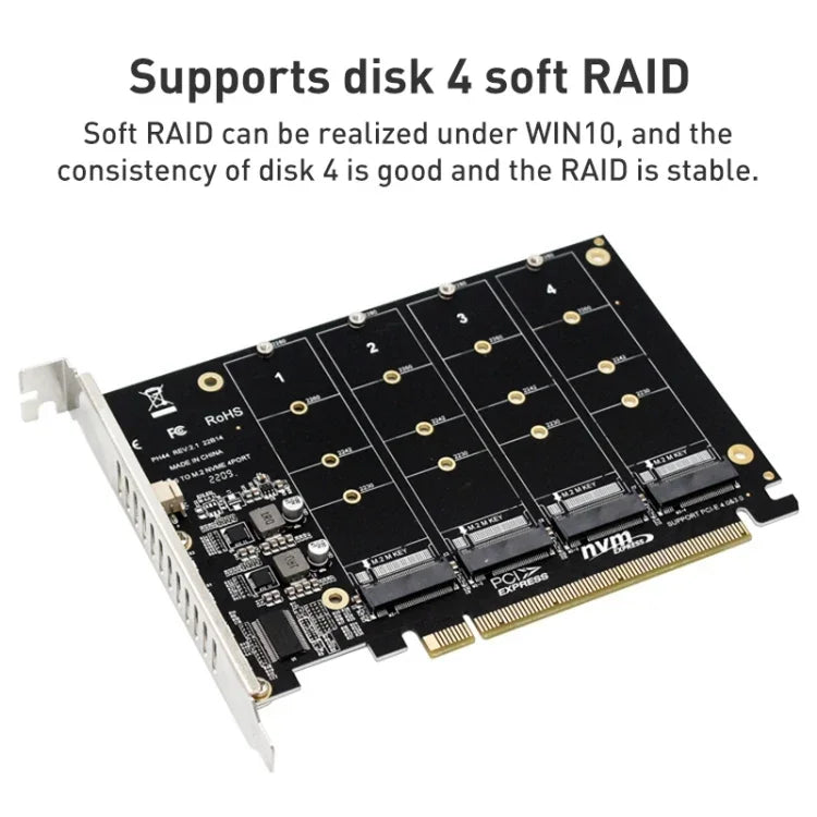 بطاقة مصفوفة أقراص PH44 NVME 4 PCI-E لتقسيم الإشارة