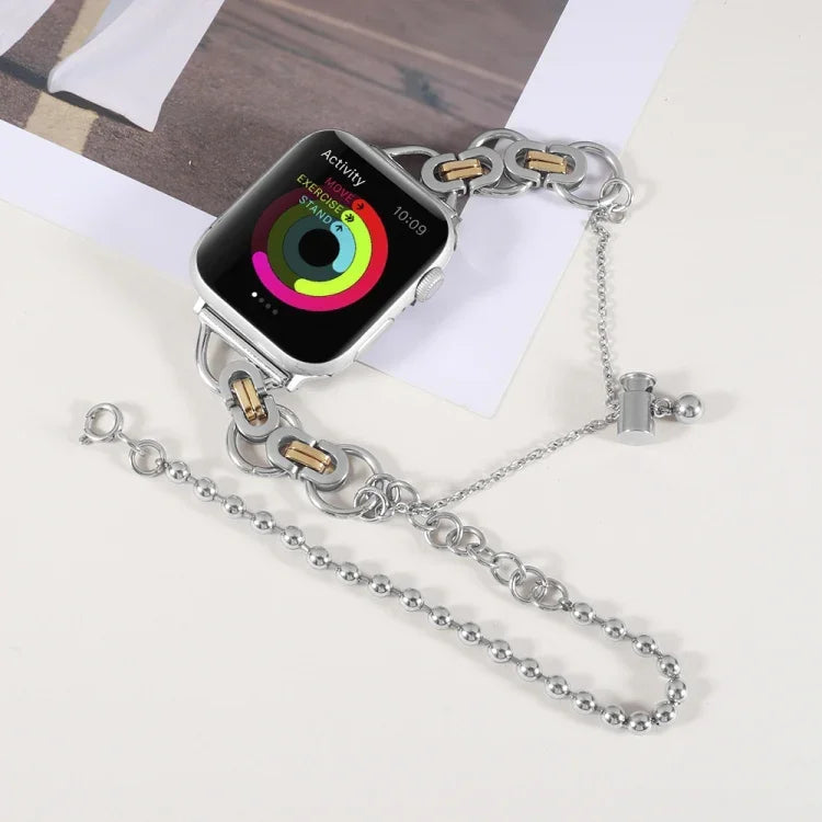 سوار ساعة من الفولاذ المقاوم للصدأ بسلسلة مزدوجة وخرزتين لسلسلة Apple Watch، 7 45مم / 6&SE&5&4 44مم / 3&2&1 42مم، 7 41مم / 6&SE&5&4 40مم / 3&2&1 38مم