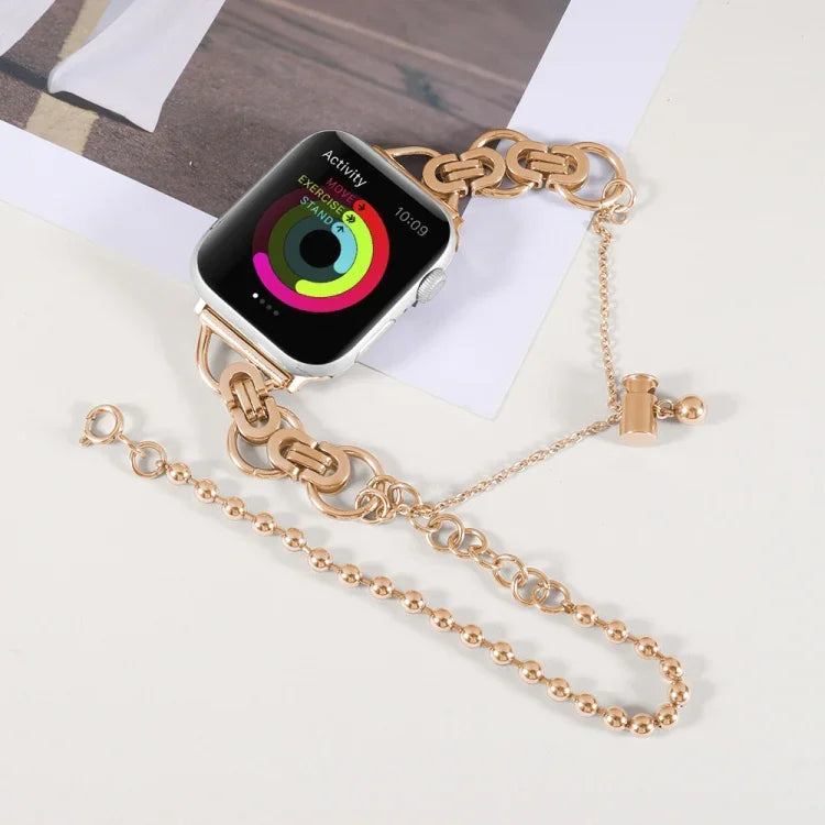 سوار ساعة من الفولاذ المقاوم للصدأ بسلسلة مزدوجة وخرزتين لسلسلة Apple Watch، 7 45مم / 6&SE&5&4 44مم / 3&2&1 42مم، 7 41مم / 6&SE&5&4 40مم / 3&2&1 38مم