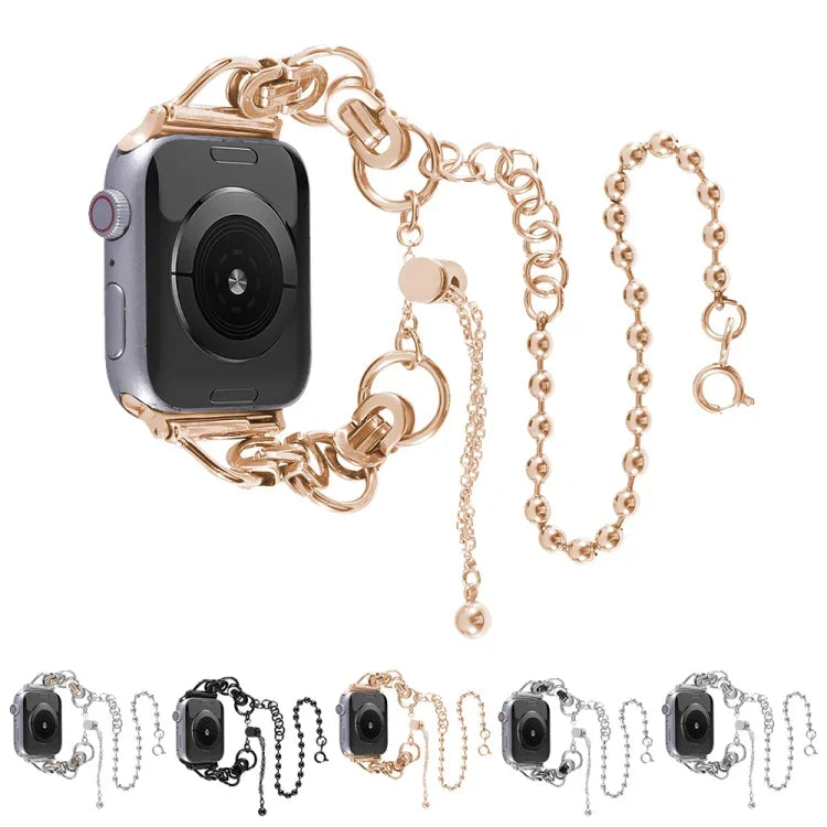 سوار ساعة من الفولاذ المقاوم للصدأ بسلسلة مزدوجة وخرزتين لسلسلة Apple Watch، 7 45مم / 6&SE&5&4 44مم / 3&2&1 42مم، 7 41مم / 6&SE&5&4 40مم / 3&2&1 38مم