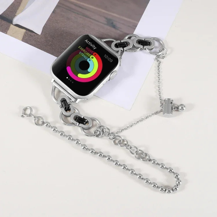 سوار ساعة من الفولاذ المقاوم للصدأ بسلسلة مزدوجة وخرزتين لسلسلة Apple Watch، 7 45مم / 6&SE&5&4 44مم / 3&2&1 42مم، 7 41مم / 6&SE&5&4 40مم / 3&2&1 38مم