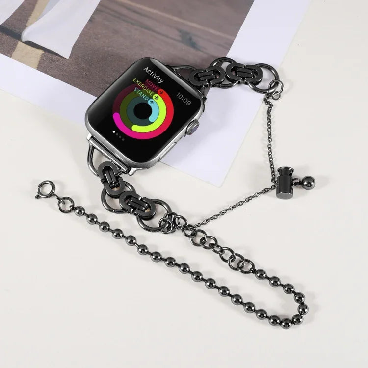 سوار ساعة من الفولاذ المقاوم للصدأ بسلسلة مزدوجة وخرزتين لسلسلة Apple Watch، 7 45مم / 6&SE&5&4 44مم / 3&2&1 42مم، 7 41مم / 6&SE&5&4 40مم / 3&2&1 38مم