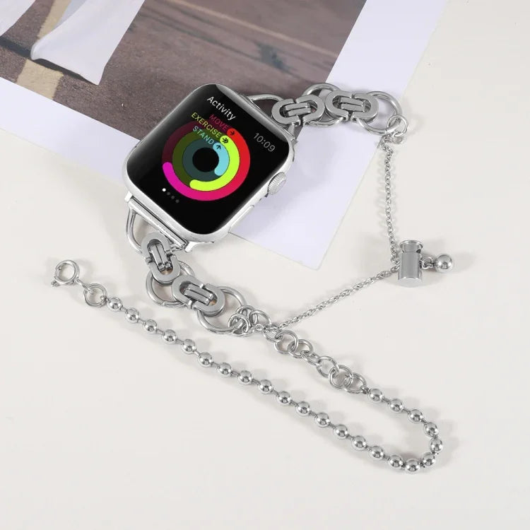 سوار ساعة من الفولاذ المقاوم للصدأ بسلسلة مزدوجة وخرزتين لسلسلة Apple Watch، 7 45مم / 6&SE&5&4 44مم / 3&2&1 42مم، 7 41مم / 6&SE&5&4 40مم / 3&2&1 38مم