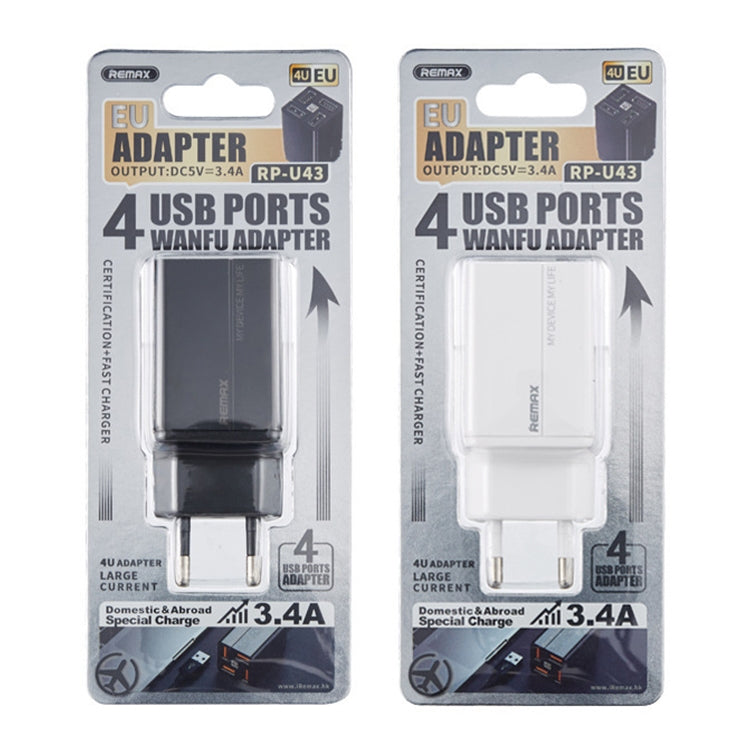 شاحن سريع REMAX RP-U43 بأربعة منافذ USB بقوة 3.4A، قابس الاتحاد الأوروبي، قابس المملكة المتحدة