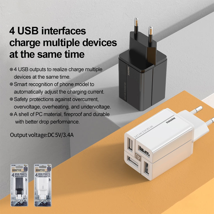 شاحن سريع REMAX RP-U43 بأربعة منافذ USB بقوة 3.4A، قابس الاتحاد الأوروبي، قابس المملكة المتحدة