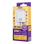 شاحن سريع REMAX RP-U82 بقدرة 30 واط بمنفذ USB وUSB-C/Type-C مزدوج، قابس CN، قابس المملكة المتحدة، قابس الولايات المتحدة