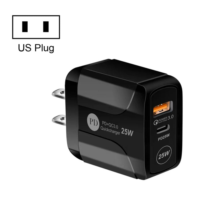 شاحن سفر بمنافذ PD Type-C بقوة 25 واط + USB QC3.0، قابس الولايات المتحدة، قابس الاتحاد الأوروبي