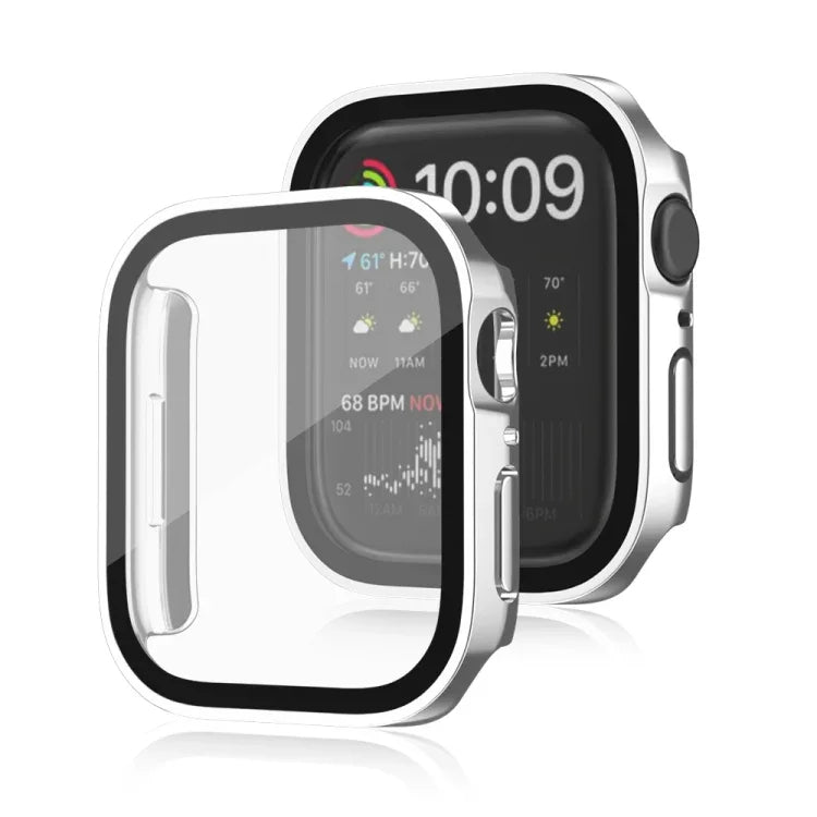 غطاء حماية مقاوم للماء 2 في 1 بإطار بلاستيكي وزجاج مقوى، لسلسلة Apple Watch 9 / 8 / 7 45مم، لسلسلة Apple Watch 9 / 8 / 7 41مم، لسلسلة Apple Watch 6 / 5 / 4 / SE 44مم، لسلسلة Apple Watch 6 / 5 / 4 / SE 40مم