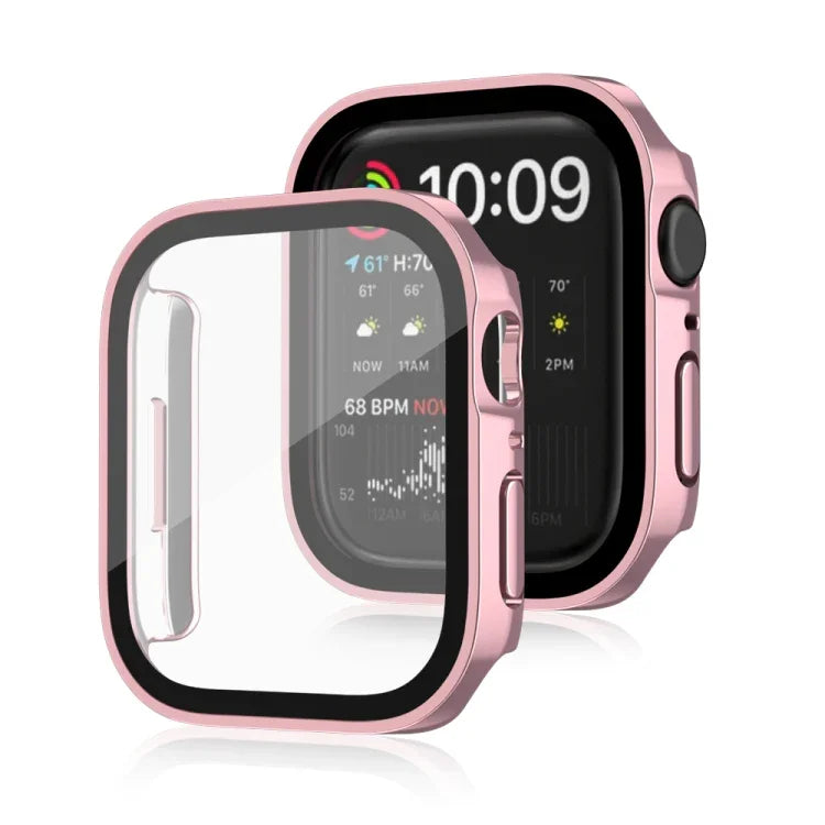 غطاء حماية مقاوم للماء 2 في 1 بإطار بلاستيكي وزجاج مقوى، لسلسلة Apple Watch 9 / 8 / 7 45مم، لسلسلة Apple Watch 9 / 8 / 7 41مم، لسلسلة Apple Watch 6 / 5 / 4 / SE 44مم، لسلسلة Apple Watch 6 / 5 / 4 / SE 40مم